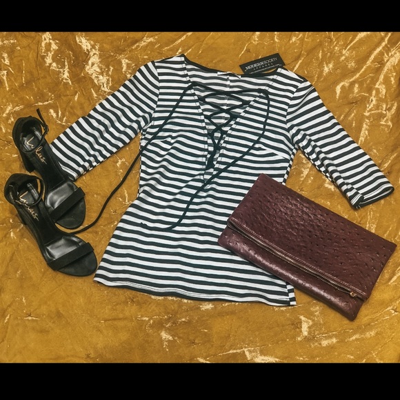 FLAMINGO | NWT Lace up Stripe top - Picture 2 of 5